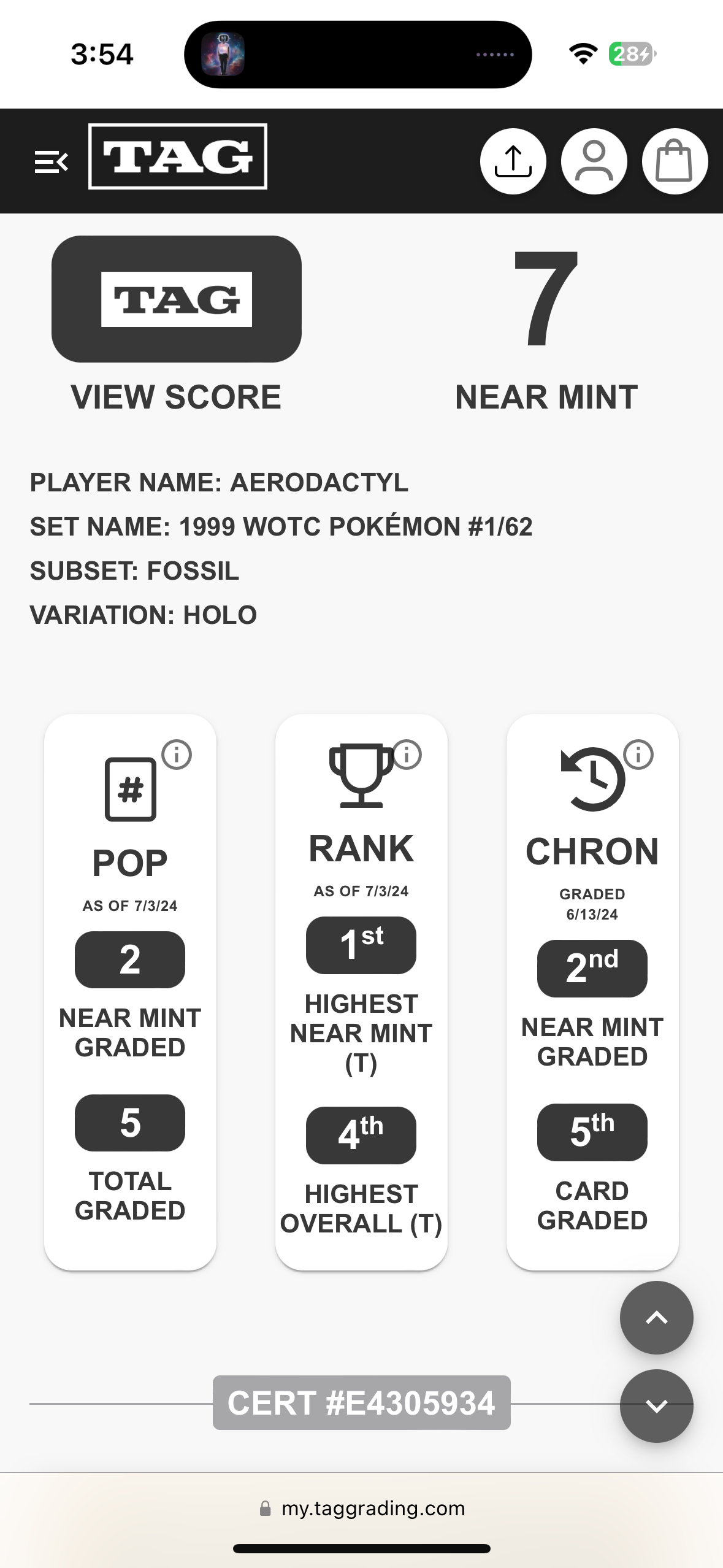 Aerodactyl Fossil 1/62 TAG 7(NM)