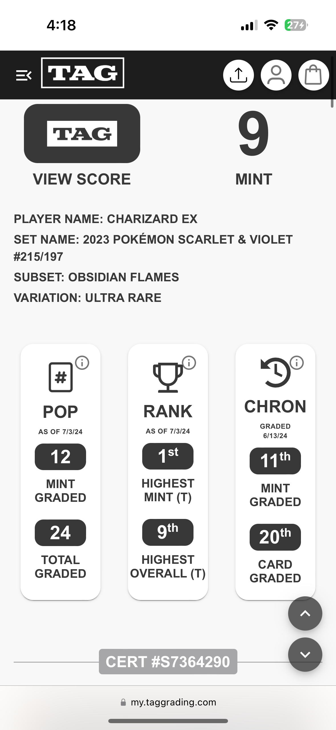 Charizard Ex TAG 9 (MT)